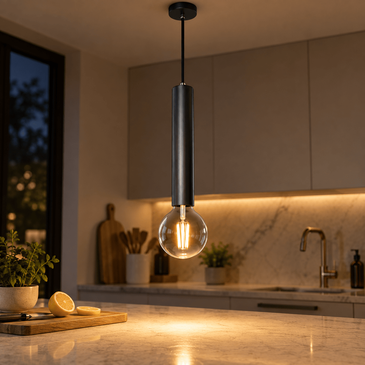 Black Flute Pendant Light Thomas — PROMPT 3 — Close-up construction read above kitchen island