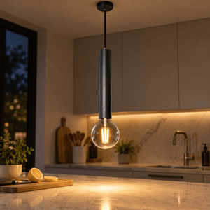 Black Flute Pendant Light Thomas — PROMPT 3 — Close-up construction read above kitchen island