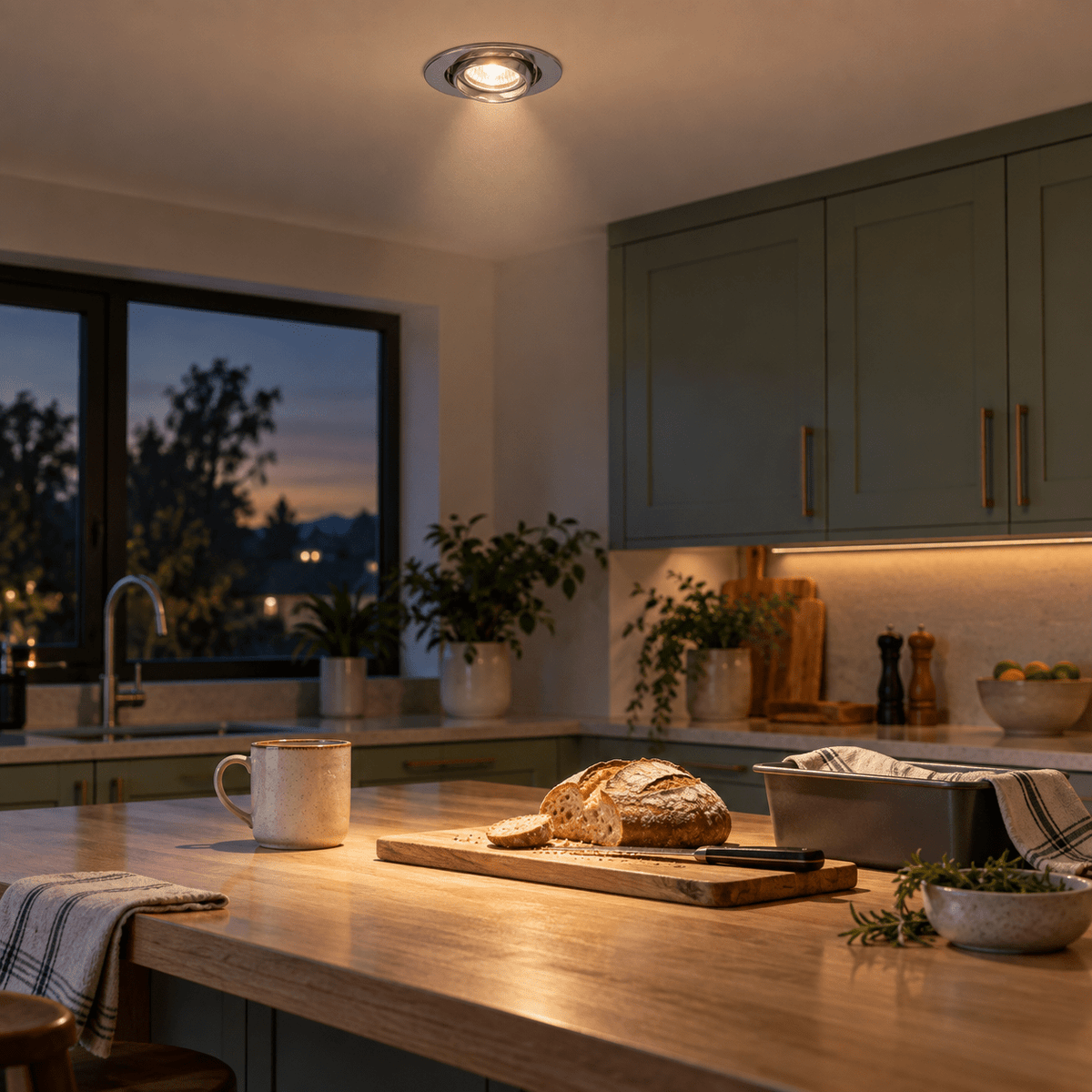 Amelia Downlight Holder — PROMPT 1 — Kitchen island prep with aimed downlight
