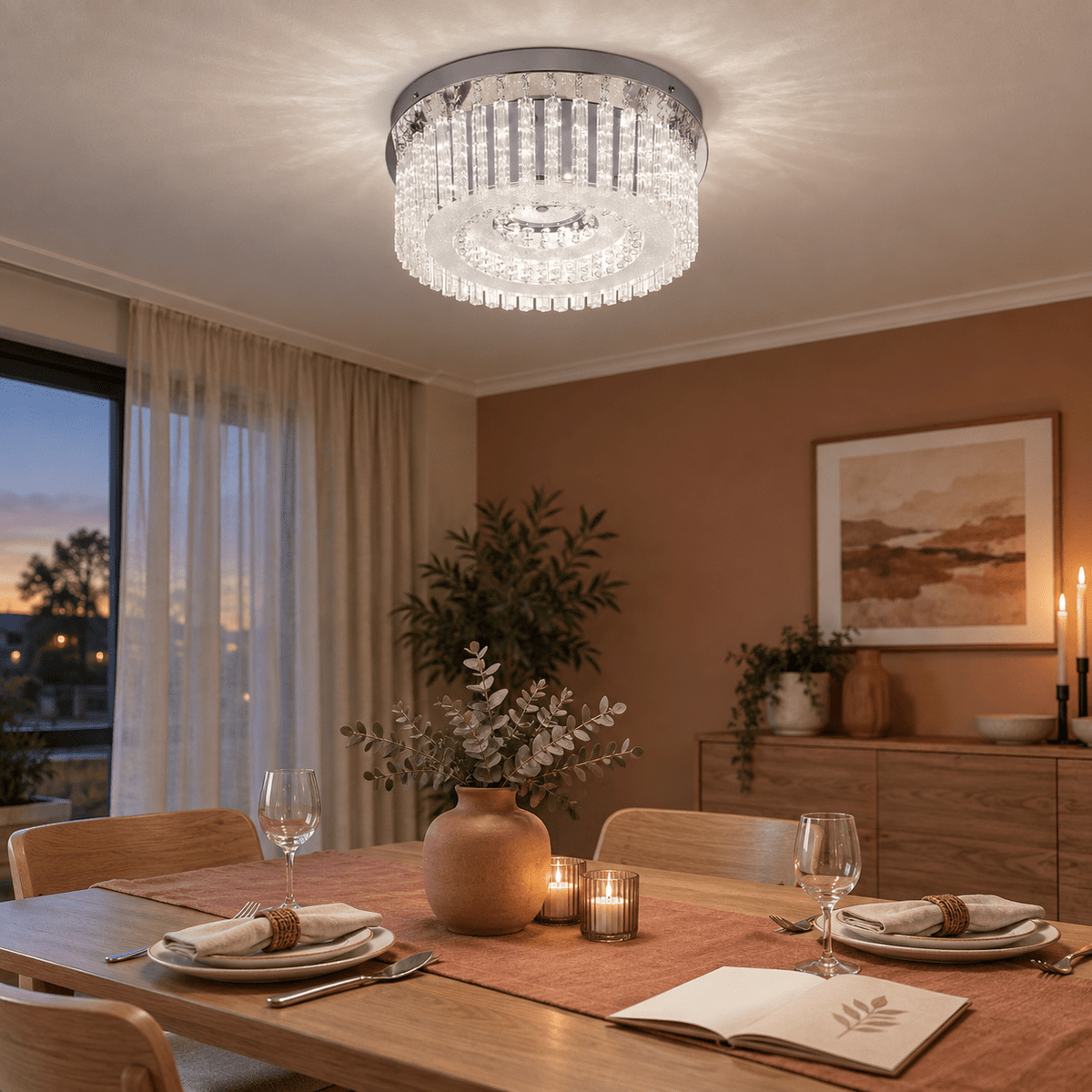 Helen - Stainless Steel LED Ceiling Light with Glass & Acrylic Crystals — PROMPT 1 — Dining table sparkle in a muted clay dining room