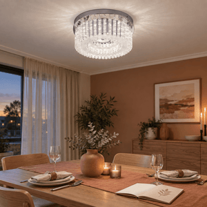 Helen - Stainless Steel LED Ceiling Light with Glass & Acrylic Crystals — PROMPT 1 — Dining table sparkle in a muted clay dining room