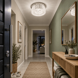 Helen - Stainless Steel LED Ceiling Light with Glass & Acrylic Crystals — PROMPT 2 — Entrance hall brightness with muted mineral green walls