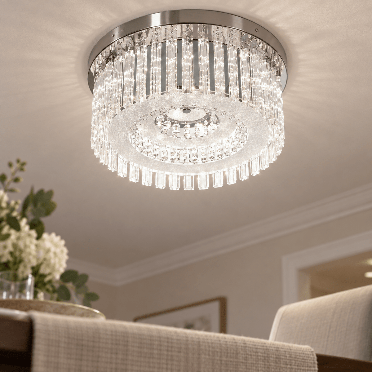 Helen - Stainless Steel LED Ceiling Light with Glass & Acrylic Crystals — PROMPT 3 — Close detail view of crystals against brushed stainless
