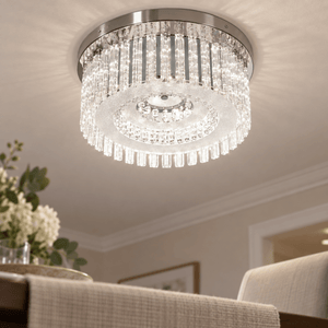 Helen - Stainless Steel LED Ceiling Light with Glass & Acrylic Crystals — PROMPT 3 — Close detail view of crystals against brushed stainless