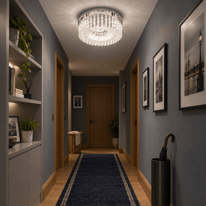 Helen - Stainless Steel LED Ceiling Light with Glass & Acrylic Crystals — PROMPT 4 — Corridor night scene with ON ceiling light and runner detail