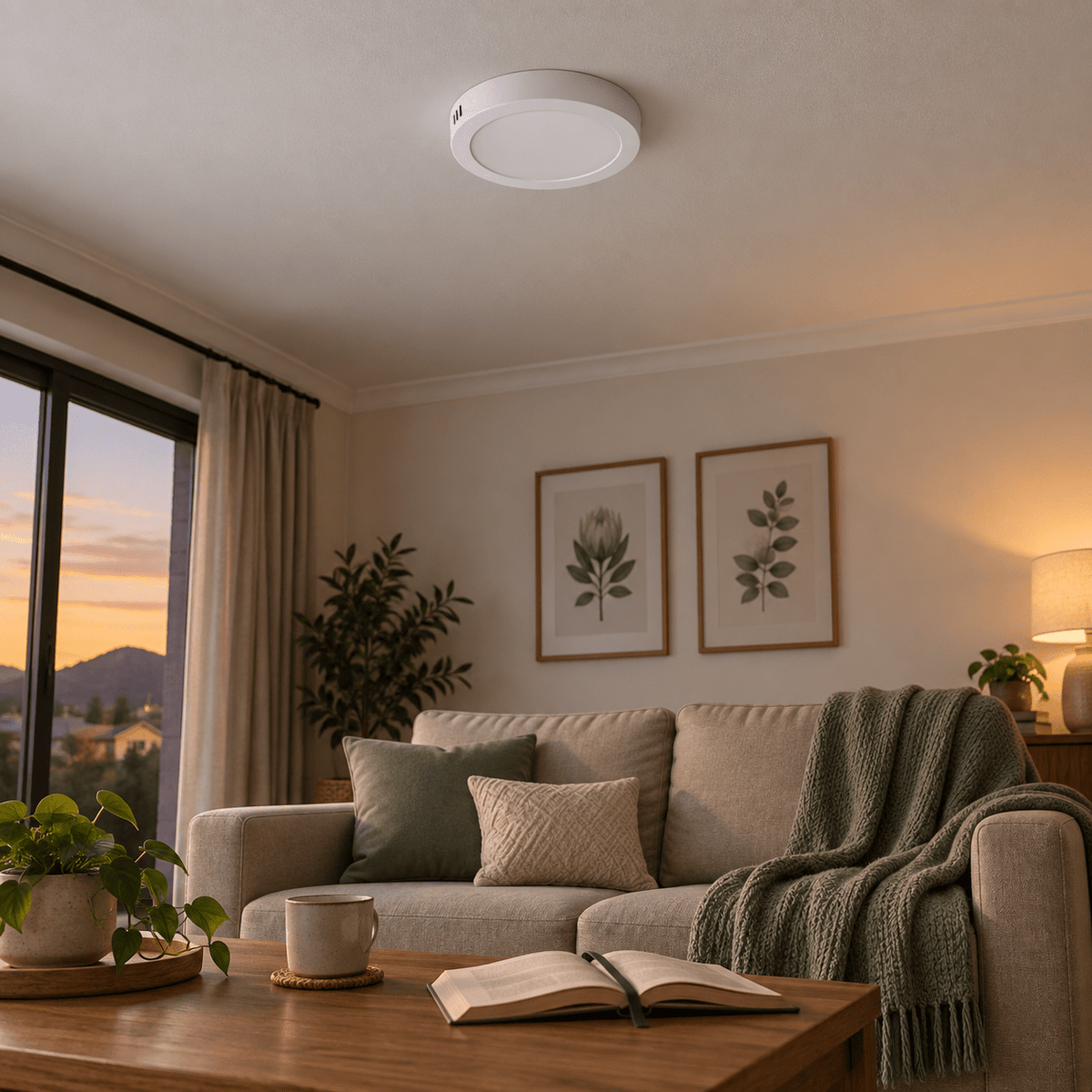 Eleanor LED Indoor Downlight — PROMPT 1 — Living room general lighting over a quiet lounge area