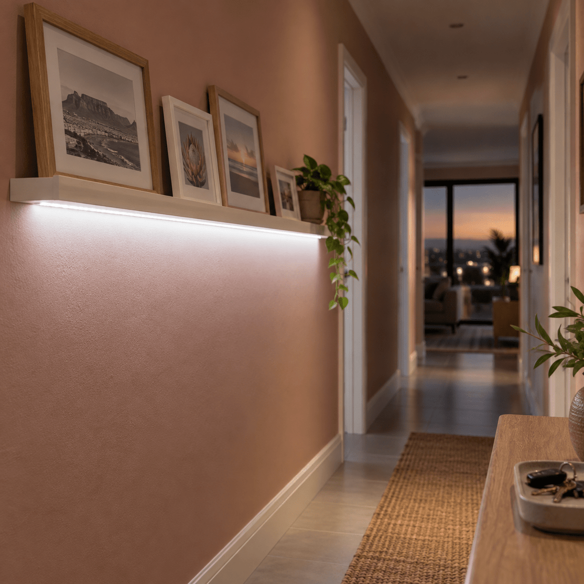 Daylight Indoor 24V LED Strip Light - Per Meter — PROMPT 4 — Hallway cove under artwork ledge (daylight-on at dusk)
