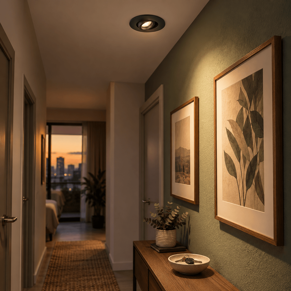 Sophia Black Recessed Downlighter — PROMPT 1 — Hallway accent on feature wall