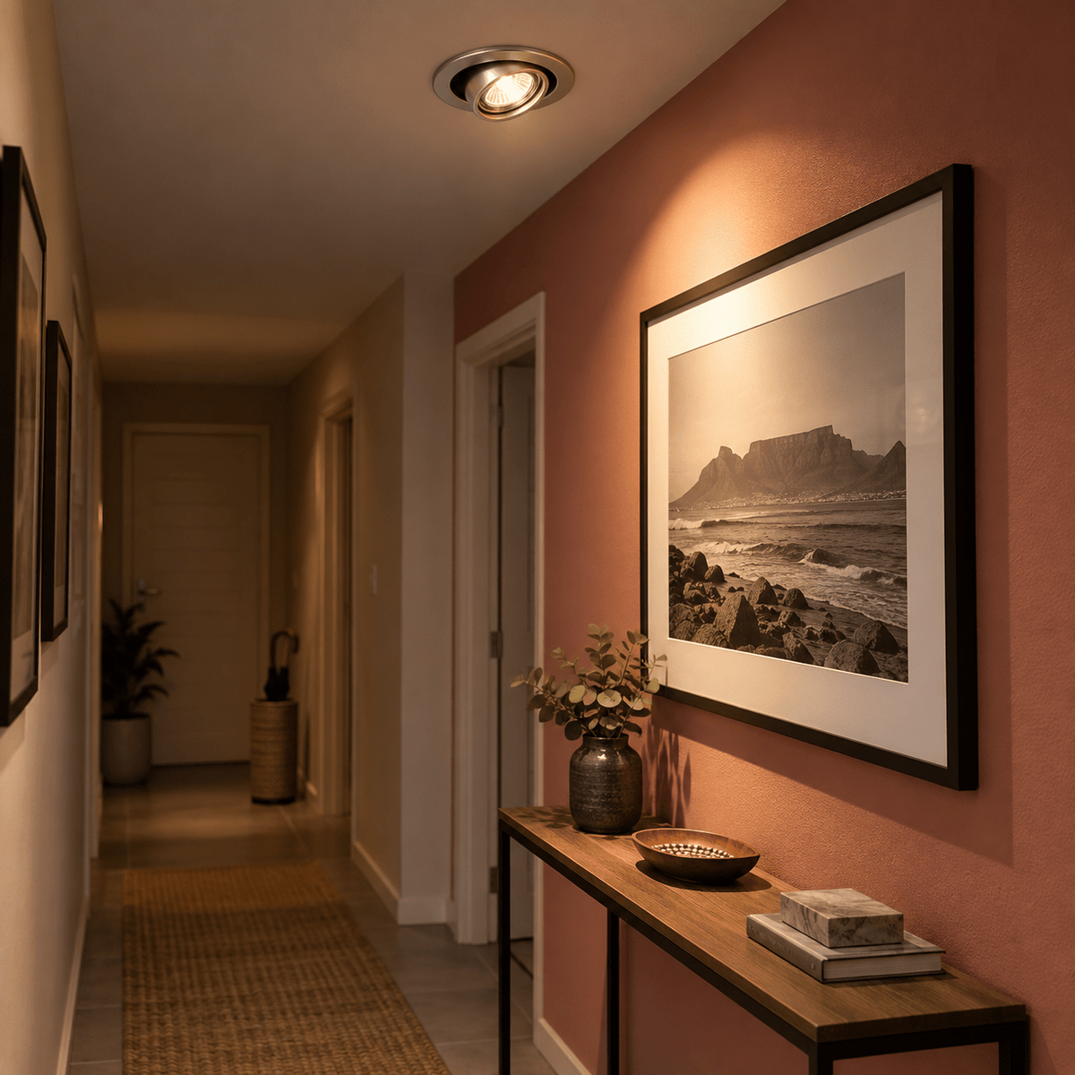 Gun Metal Downlight Liam — PROMPT 2 — Corridor Artwork Spotlight with a Single Downlight