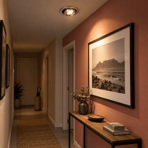 Gun Metal Downlight Liam — PROMPT 2 — Corridor Artwork Spotlight with a Single Downlight