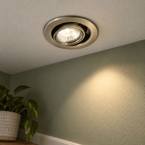 Gun Metal Downlight Liam — PROMPT 3 — Close-Up Readability of Tilted Recessed Trim