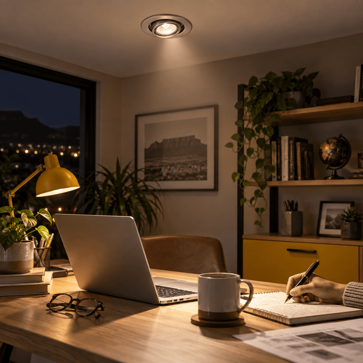 Gun Metal Downlight Liam — PROMPT 4 — Home Office Work Desk Task Lighting (Evening)