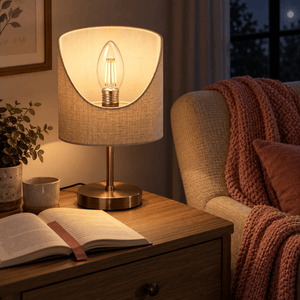 4W Dimmable Clear Candle Filament LED Bulb – E27, 2700K Warm White — PROMPT 2 — Reading corner bedside table with lampshade open view
