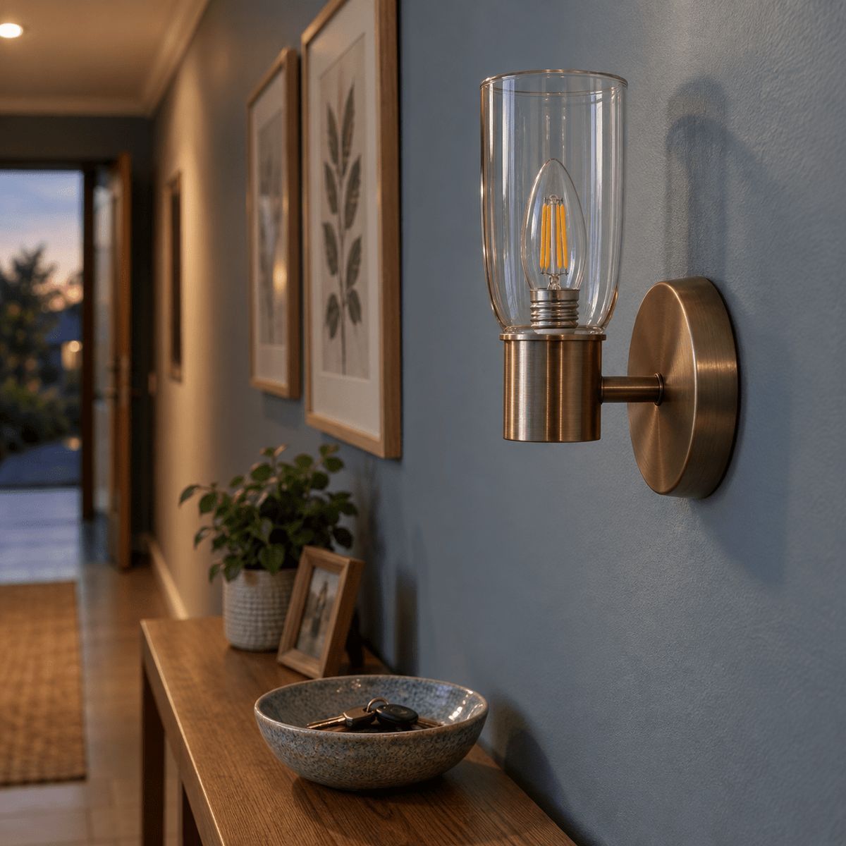 4W Dimmable Clear Candle Filament LED Bulb – E27, 2700K Warm White — PROMPT 4 — Hallway wall-mounted sconce (bulb present but switch OFF)