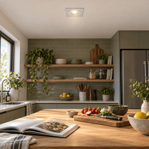 Silver Square Downlighter — PROMPT 1 — Kitchen island prep, flush in the ceiling