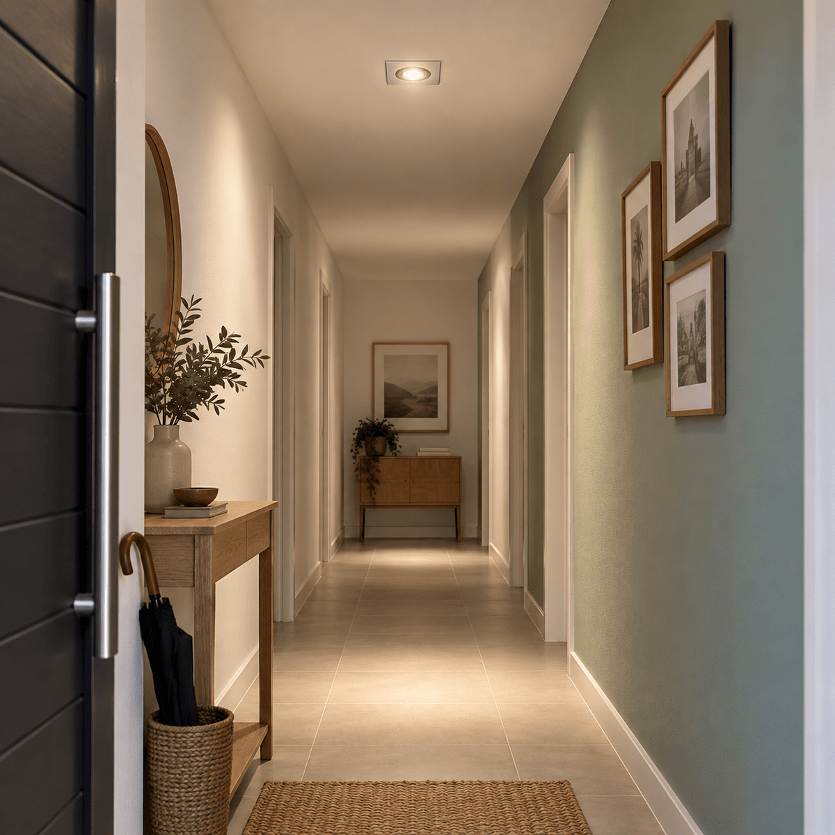 Silver Square Downlighter — PROMPT 2 — Hallway run, even ceiling glow