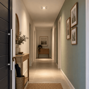 Silver Square Downlighter — PROMPT 2 — Hallway run, even ceiling glow