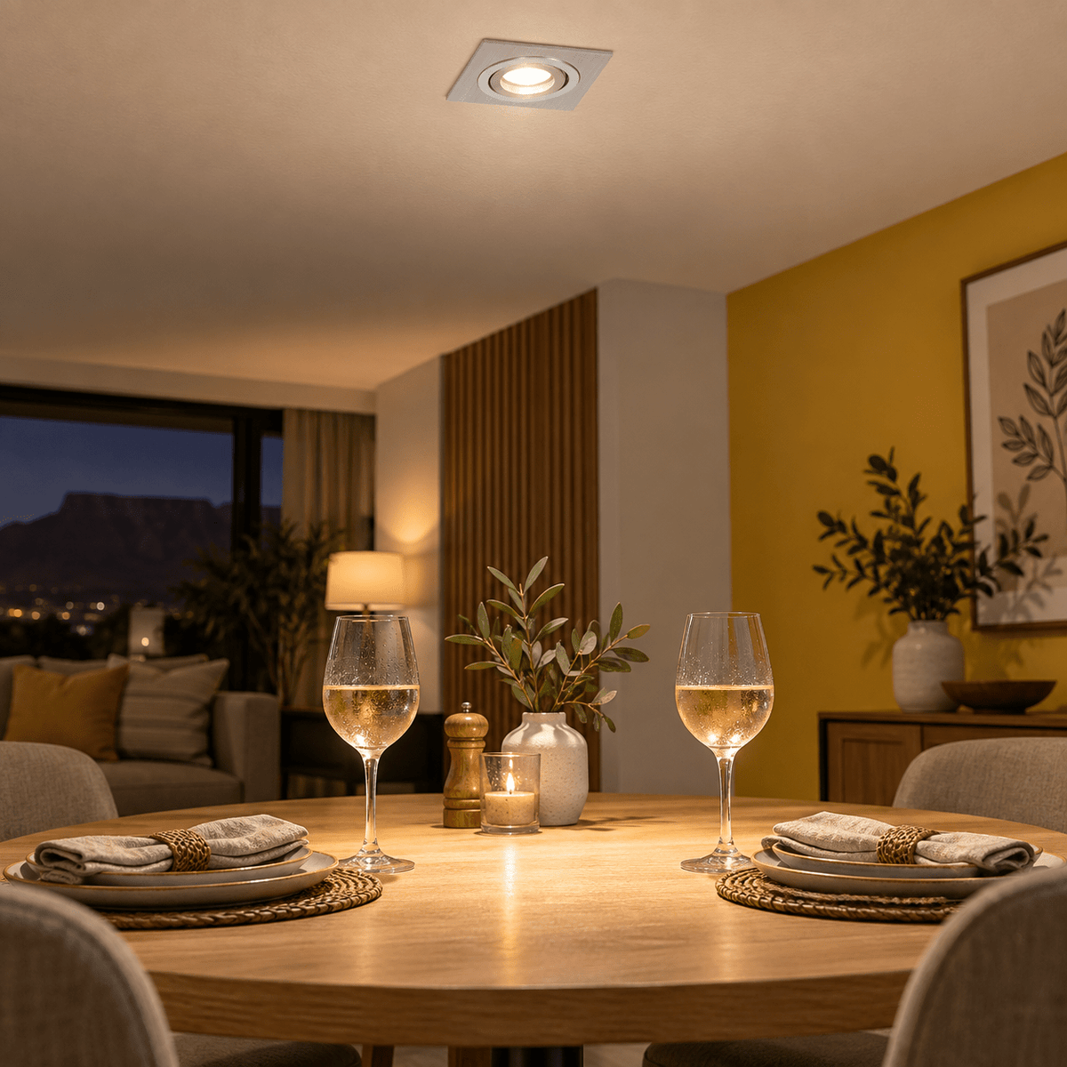 Silver Square Downlighter — PROMPT 4 — Evening dining area, warm ambiance with a single downlighter ON