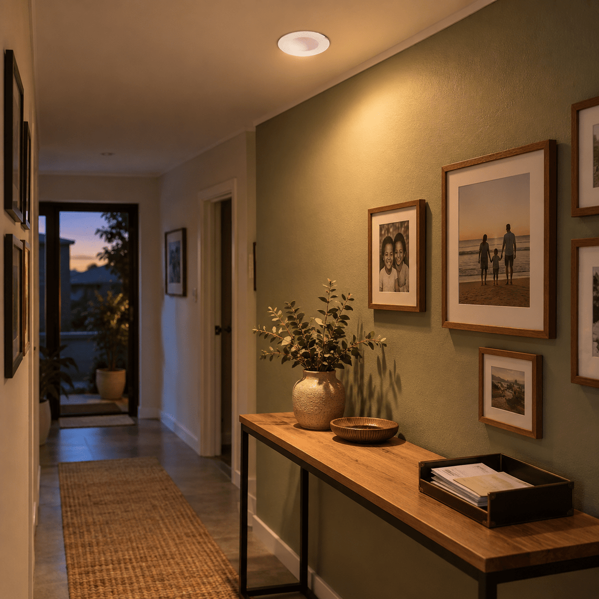 Indirect Lighting Downlight - 8W / 3000K Warm White / No — PROMPT 1 — Hallway feature wall glow