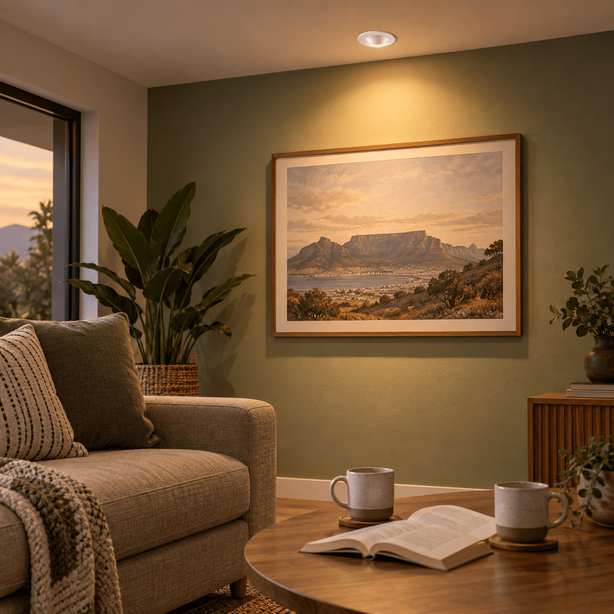 Indirect Lighting Downlight - 8W / 3000K Warm White / No — PROMPT 4 — Living room accent wash over a framed artwork