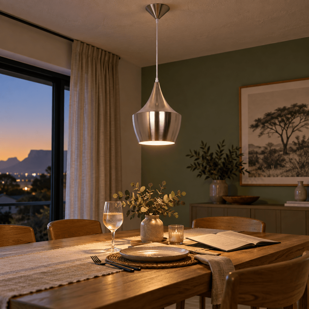 Sophie Crown Metal Pendant Light — PROMPT 1 — Dining table centerpiece at dusk