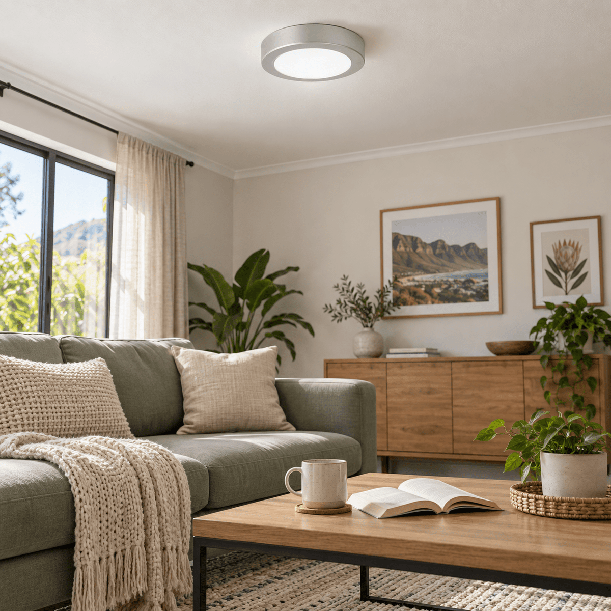 Heather Indoor LED Ceiling Light Silver — PROMPT 1 — Living room flush installation by a muted sage sofa