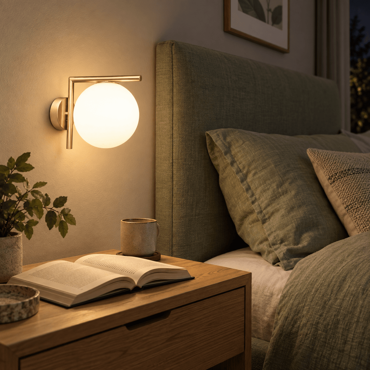 Satin Gold Indoor Wall Light Elise — PROMPT 1 — Bedside reading corner in a muted bedroom