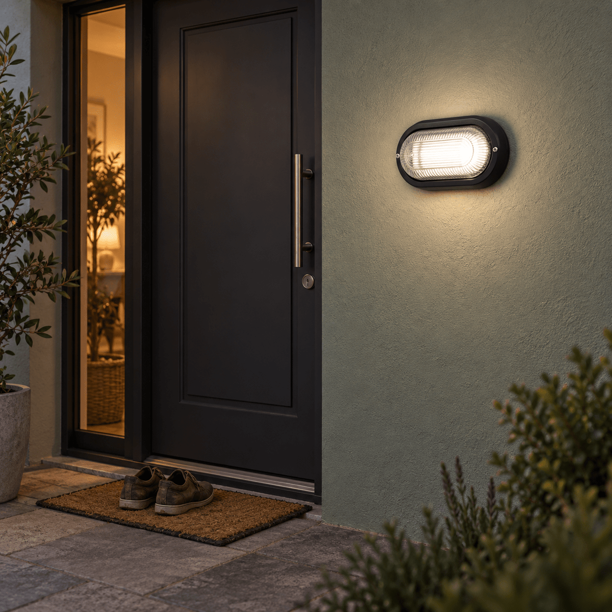 Outdoor Wall Light Gabriel Black PVC with Clear Glass — PROMPT 1 — Covered Front Door Entrance Accent