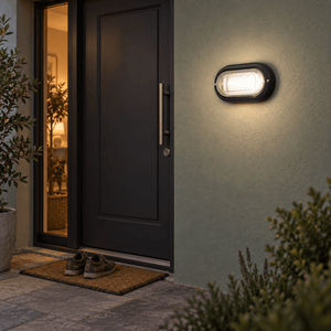 Outdoor Wall Light Gabriel Black PVC with Clear Glass — PROMPT 1 — Covered Front Door Entrance Accent