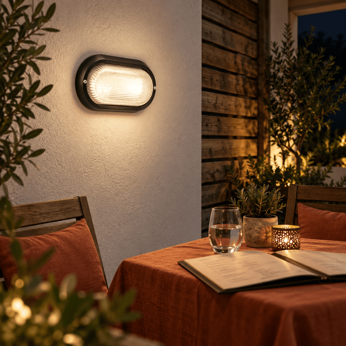 Outdoor Wall Light Gabriel Black PVC with Clear Glass — PROMPT 2 — Dining Patio Wall by a Table Setting
