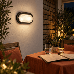 Outdoor Wall Light Gabriel Black PVC with Clear Glass — PROMPT 2 — Dining Patio Wall by a Table Setting