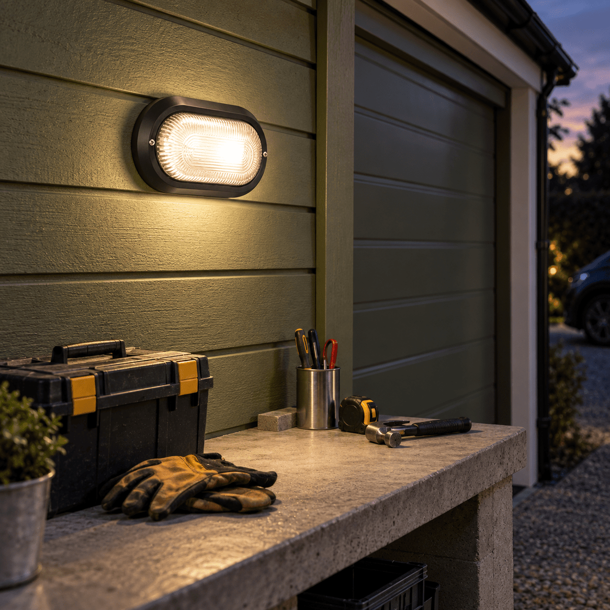 Outdoor Wall Light Gabriel Black PVC with Clear Glass — PROMPT 4 — Garage Wall Near a Workbench, Practical Evening Use