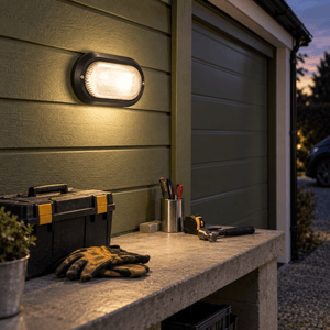 Outdoor Wall Light Gabriel Black PVC with Clear Glass — PROMPT 4 — Garage Wall Near a Workbench, Practical Evening Use