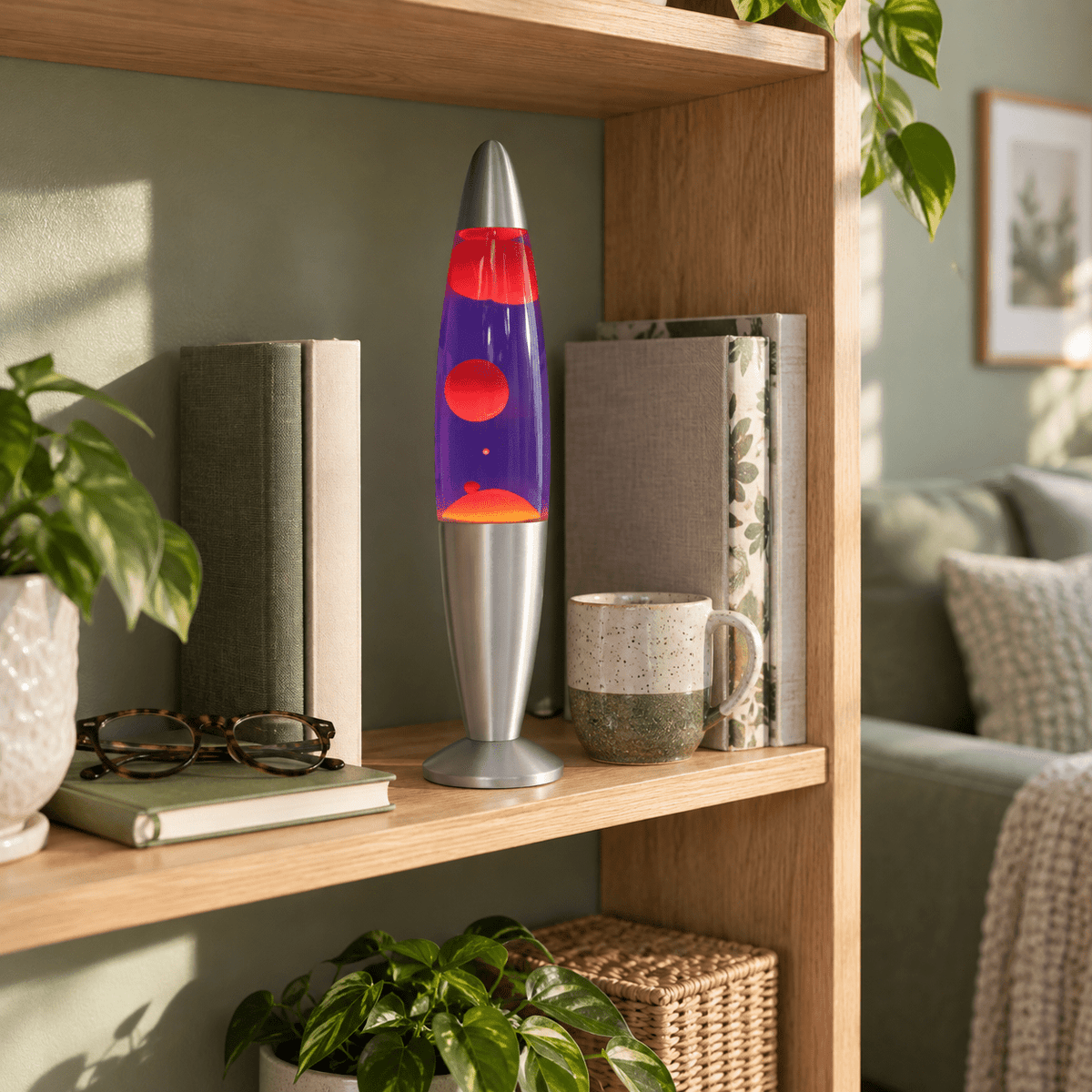 Yellow & Purple Lava Lamp — PROMPT 2 — Living room shelf accent with natural daytime light