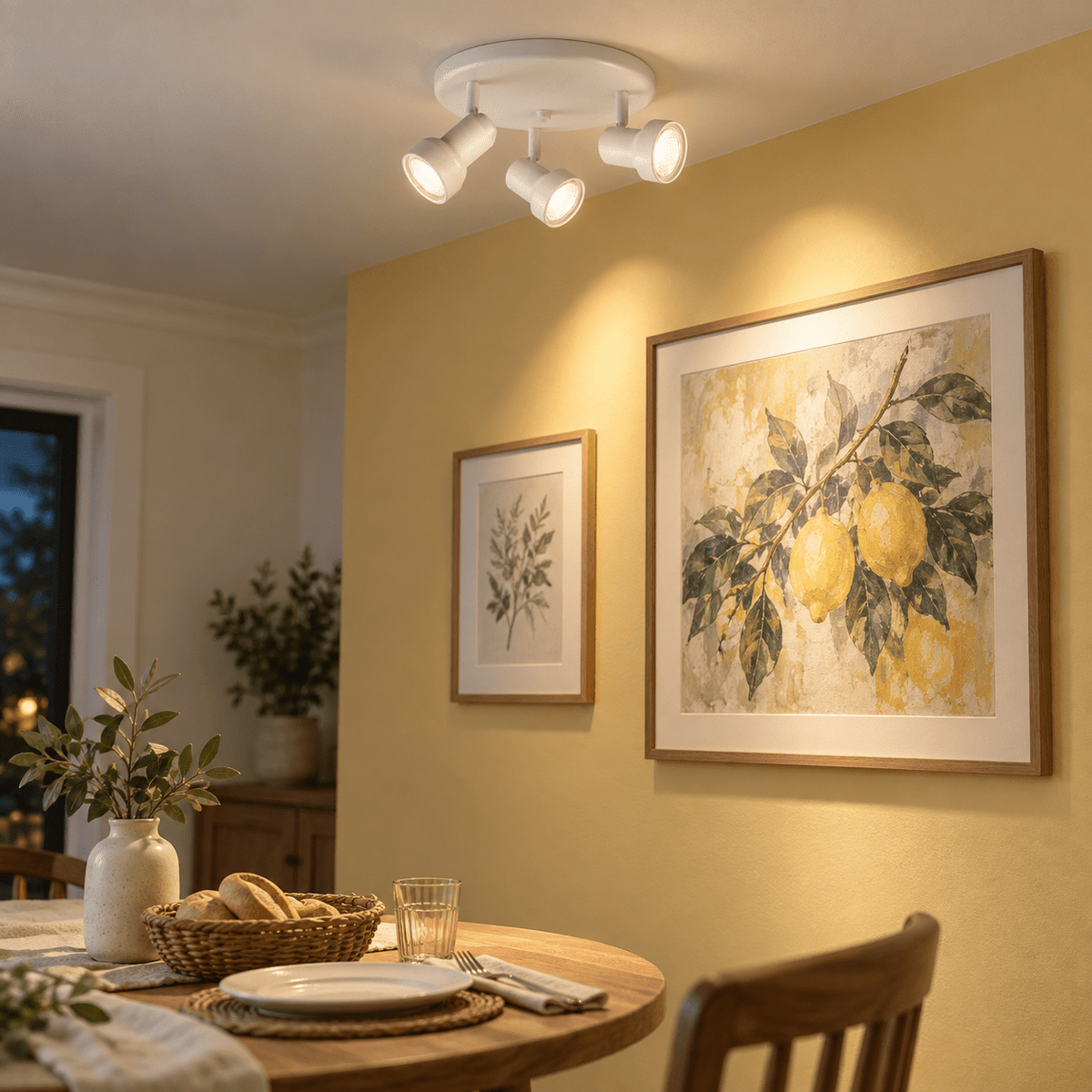 Matthew Indoor 3 Light Spotlight - Matt White — PROMPT 3 — Dining nook art highlight on muted butter wall