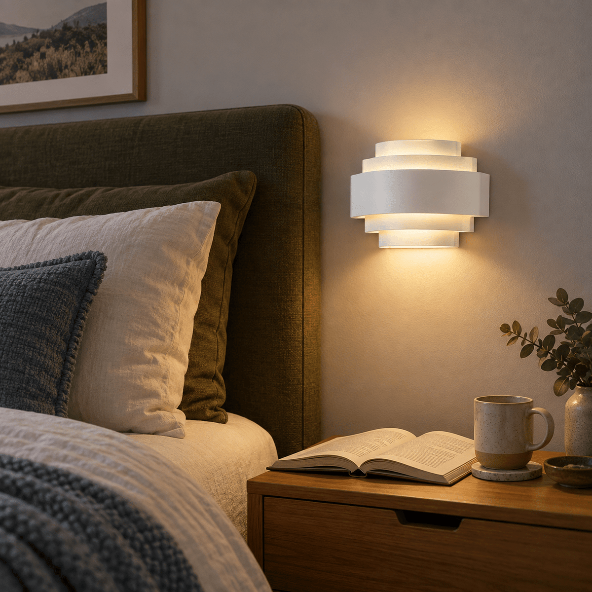 Indoor LED 5-Step Wall Light Eliza — PROMPT 1 — Bedroom bedside accent with Eliza glowing