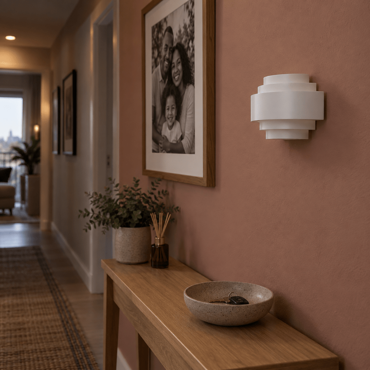 Indoor LED 5-Step Wall Light Eliza — PROMPT 2 — Hallway guide wall light above a console