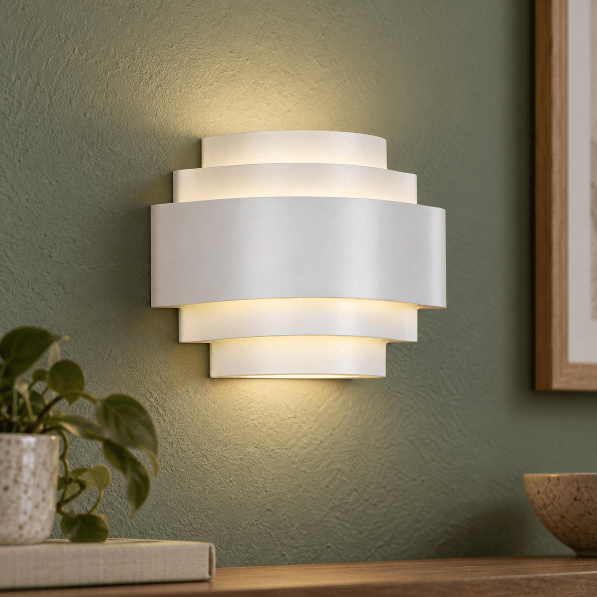 Indoor LED 5-Step Wall Light Eliza — PROMPT 3 — Close-up readable construction on a muted feature wall