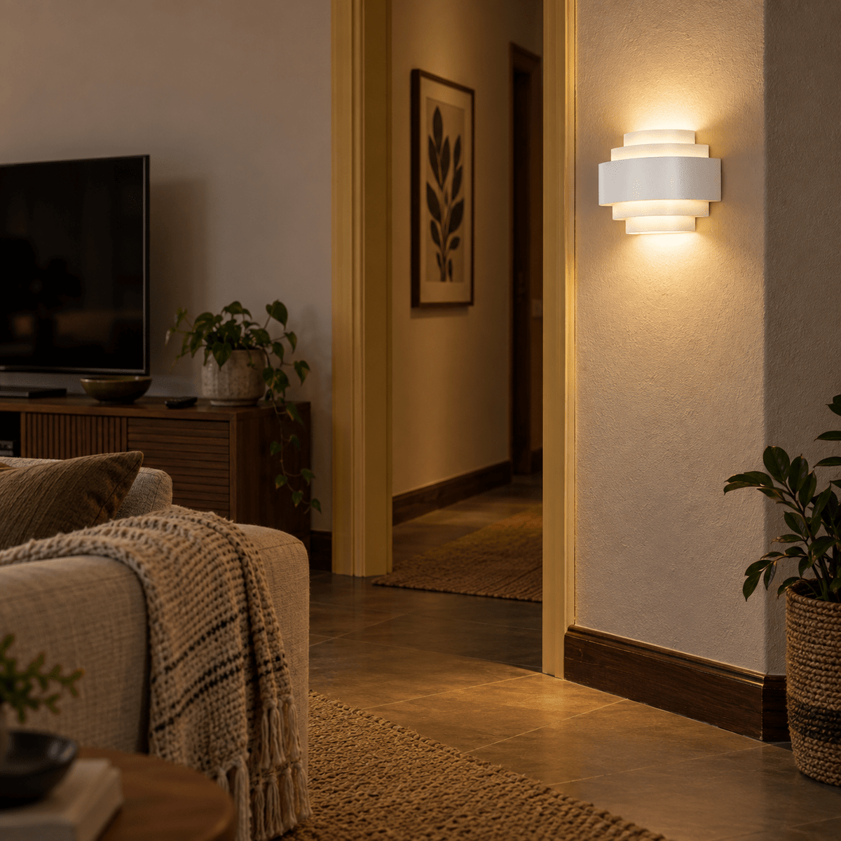 Indoor LED 5-Step Wall Light Eliza — PROMPT 4 — Evening lounge wall accent on a passage wall with warm spill