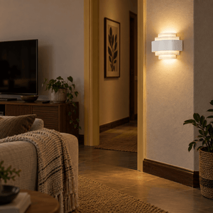 Indoor LED 5-Step Wall Light Eliza — PROMPT 4 — Evening lounge wall accent on a passage wall with warm spill