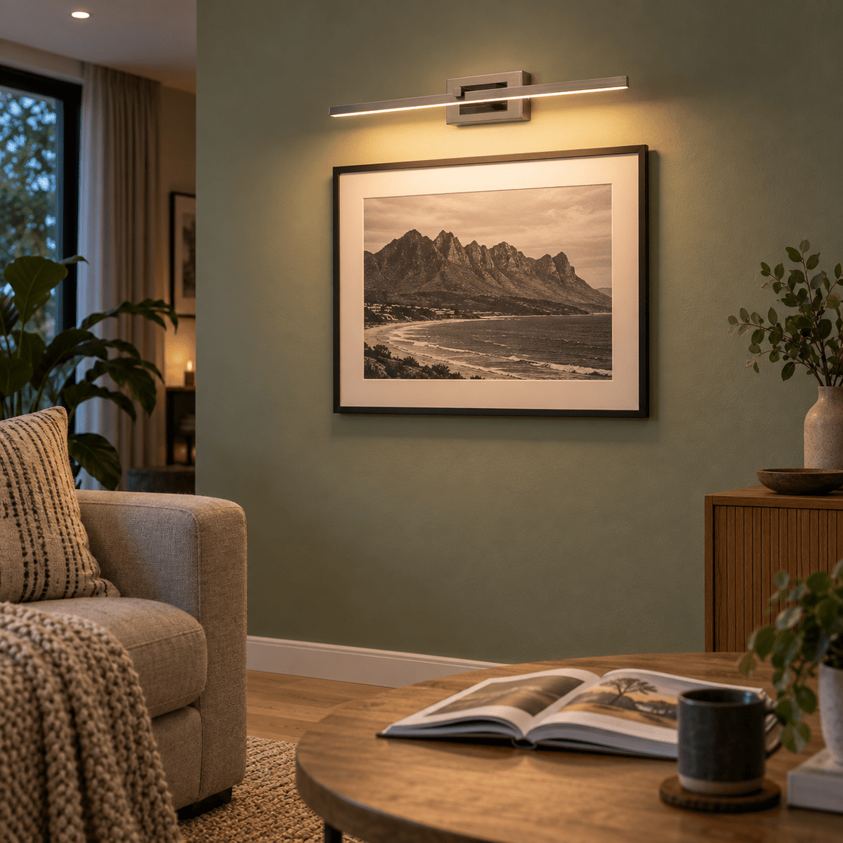 Lauren Indoor LED Picture Light — PROMPT 1 — Living room above a framed photograph