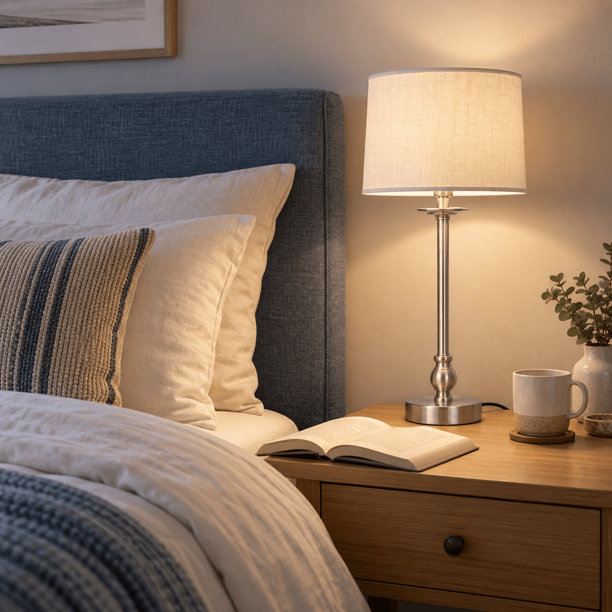 Satin Chrome Table Lamp - Emily lifestyle scene: Bedside reading corner at dusk