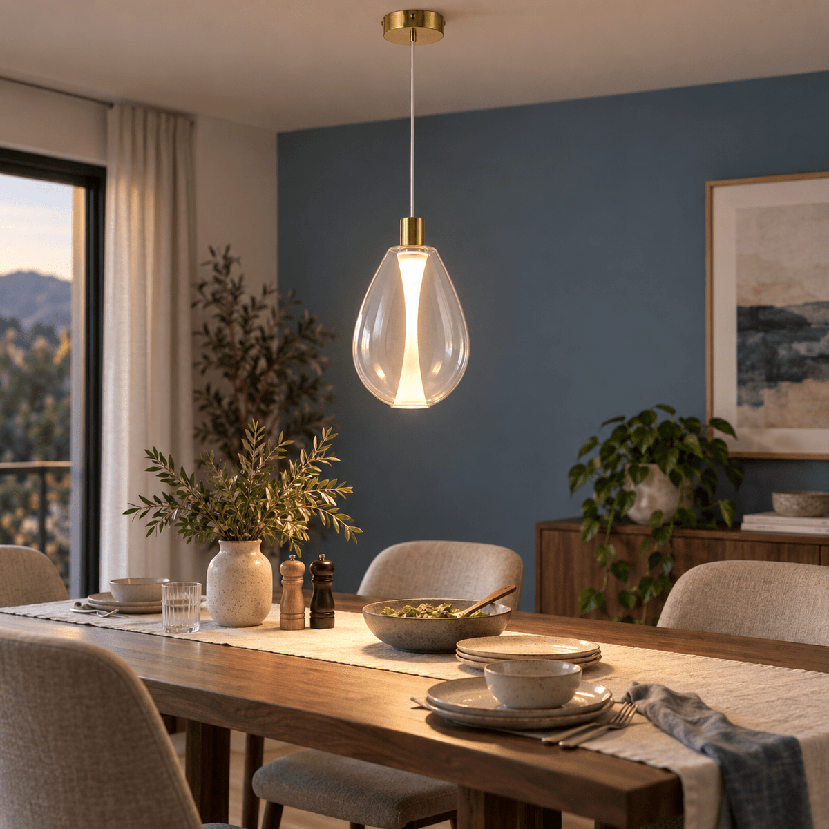 Henry Pendant Light lifestyle scene: Dining room pendant glow over a table
