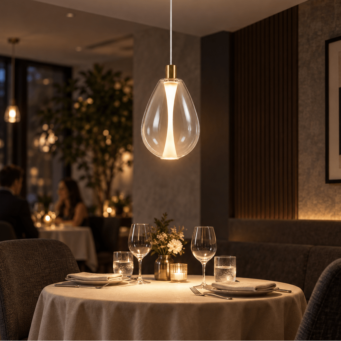 Henry Pendant Light lifestyle scene: Restaurant table accent pendant in a warm evening setting