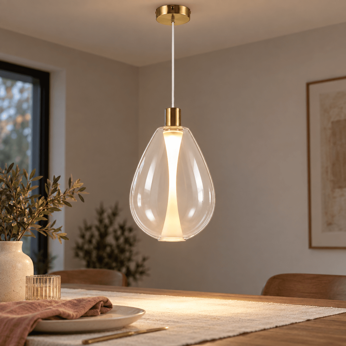 Henry Pendant Light lifestyle scene: Close detail of pendant glass and table edge