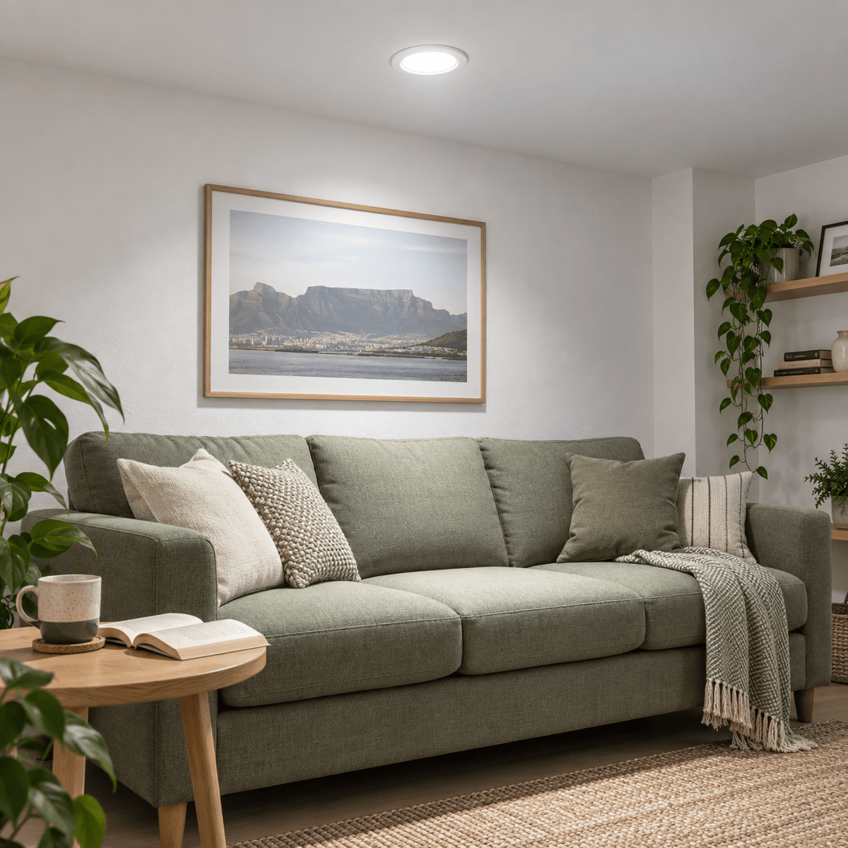 6W Daylight LED Dimmable Round Downlight lifestyle scene: Living room ceiling downlight glow