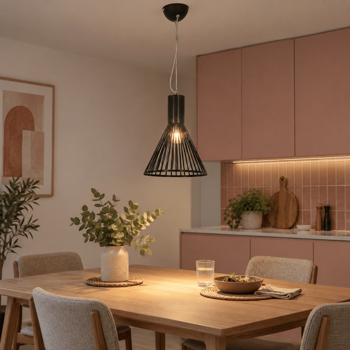 Ella Metal Pendant Light lifestyle scene: Dining-table feature in a muted clay kitchen