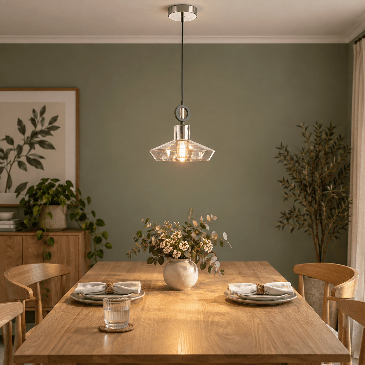 Sophia Diamond Cut Small Glass Pendant Light lifestyle scene: Dining table spotlight sparkle, Cape Town home