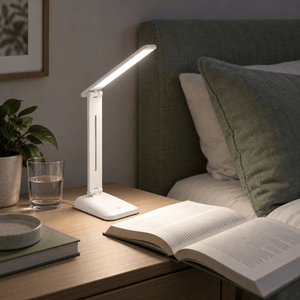 Sophia Rechargeable LED Table Lamp lifestyle scene: Bedside reading with rechargeable glow