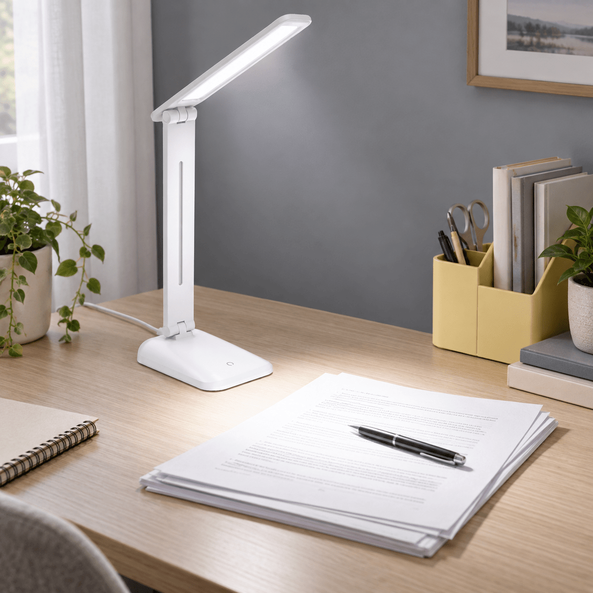 Sophia Rechargeable LED Table Lamp lifestyle scene: Study nook with grey wall and focused desk documents